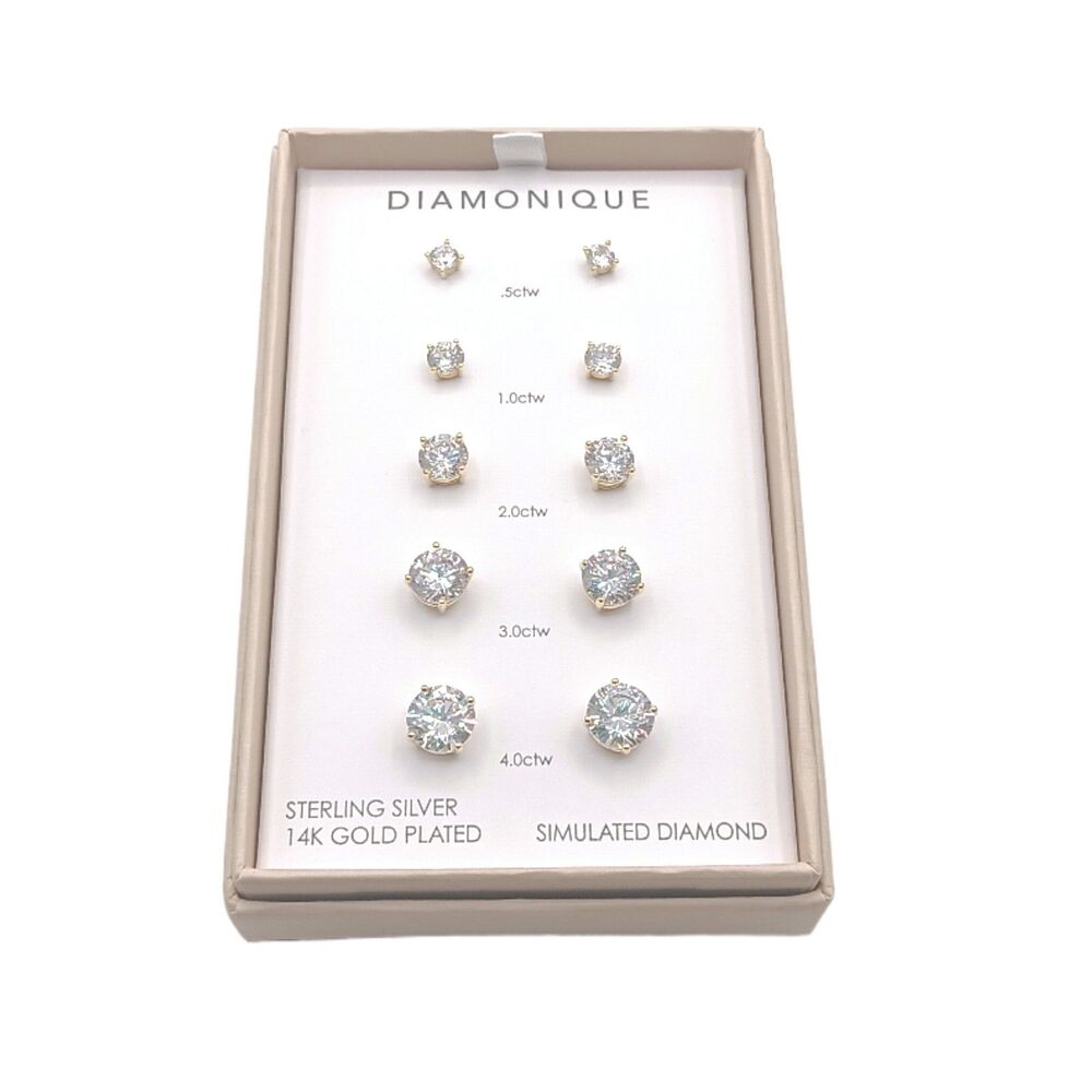 Diamonique Stud Earrings 5 Pairs 14K Gold Plated 0.5ctw - 4.0ctw CZ Diamond NIB